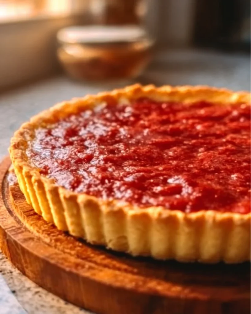 Deliciously baked Rhubarb Custard Tart with vibrant rhubarb filling and creamy texture