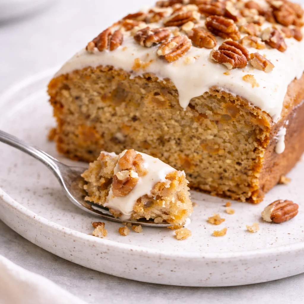 Delicious Carrot Cake Banana Bread topped with cream cheese frosting, perfect for any occasion.
