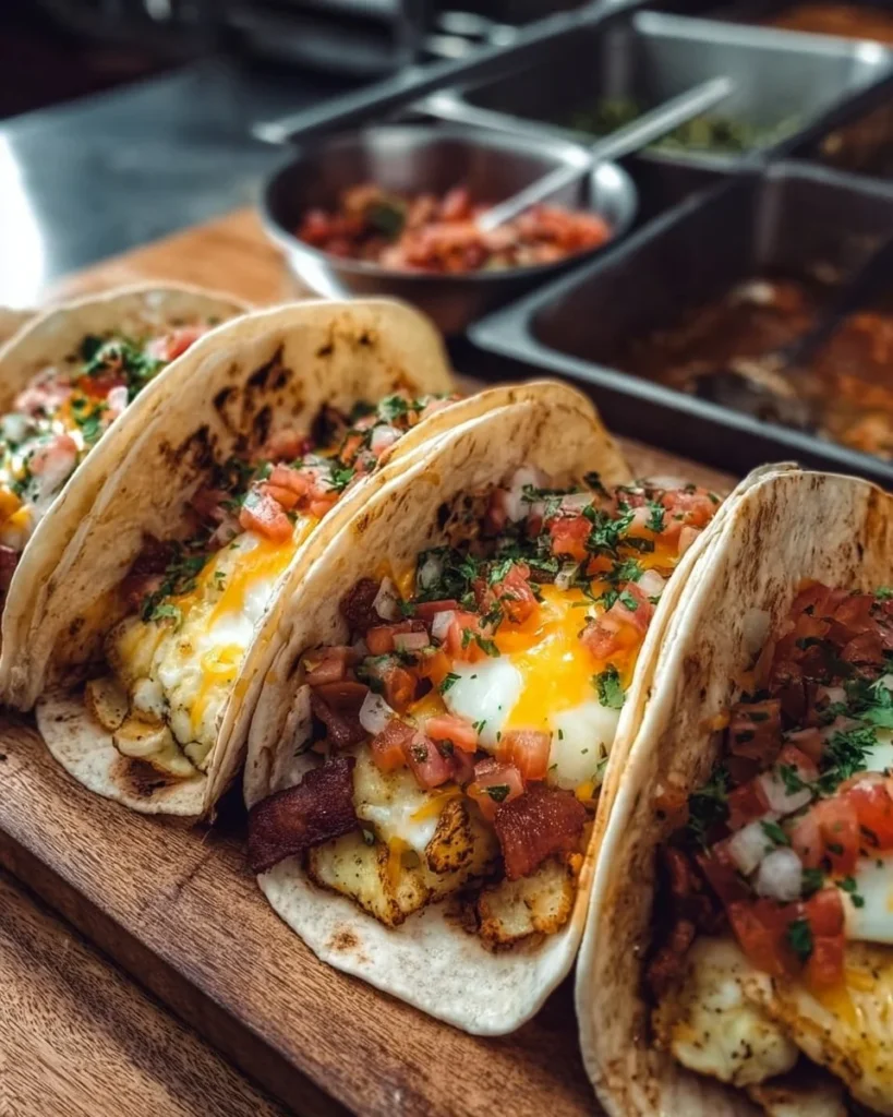 Baked breakfast tacos filled with eggs, cheese, and vegetables fresh from the oven.