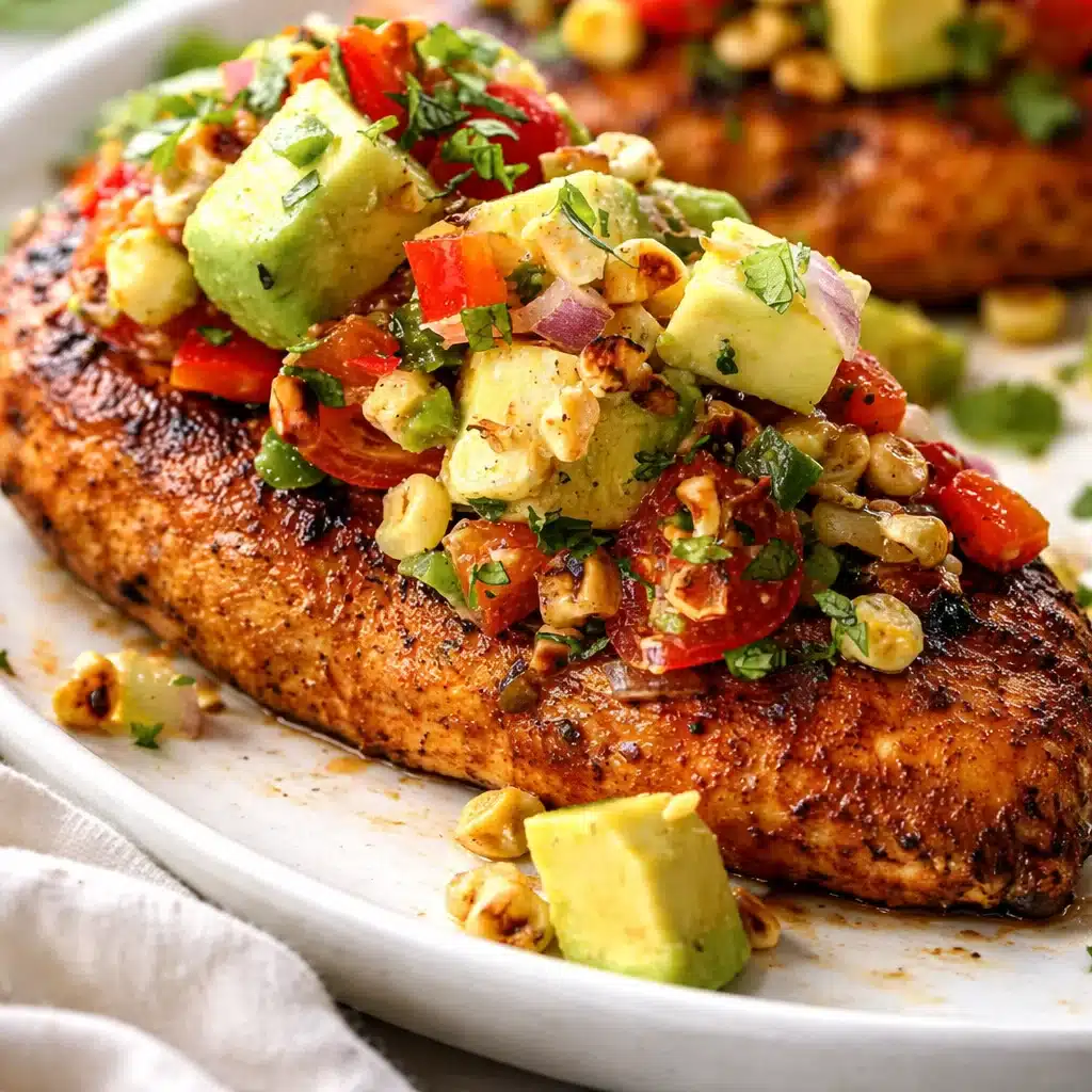 Plate of Fiesta Lime Chicken with Avocado, topped with creamy salsa and cheese.