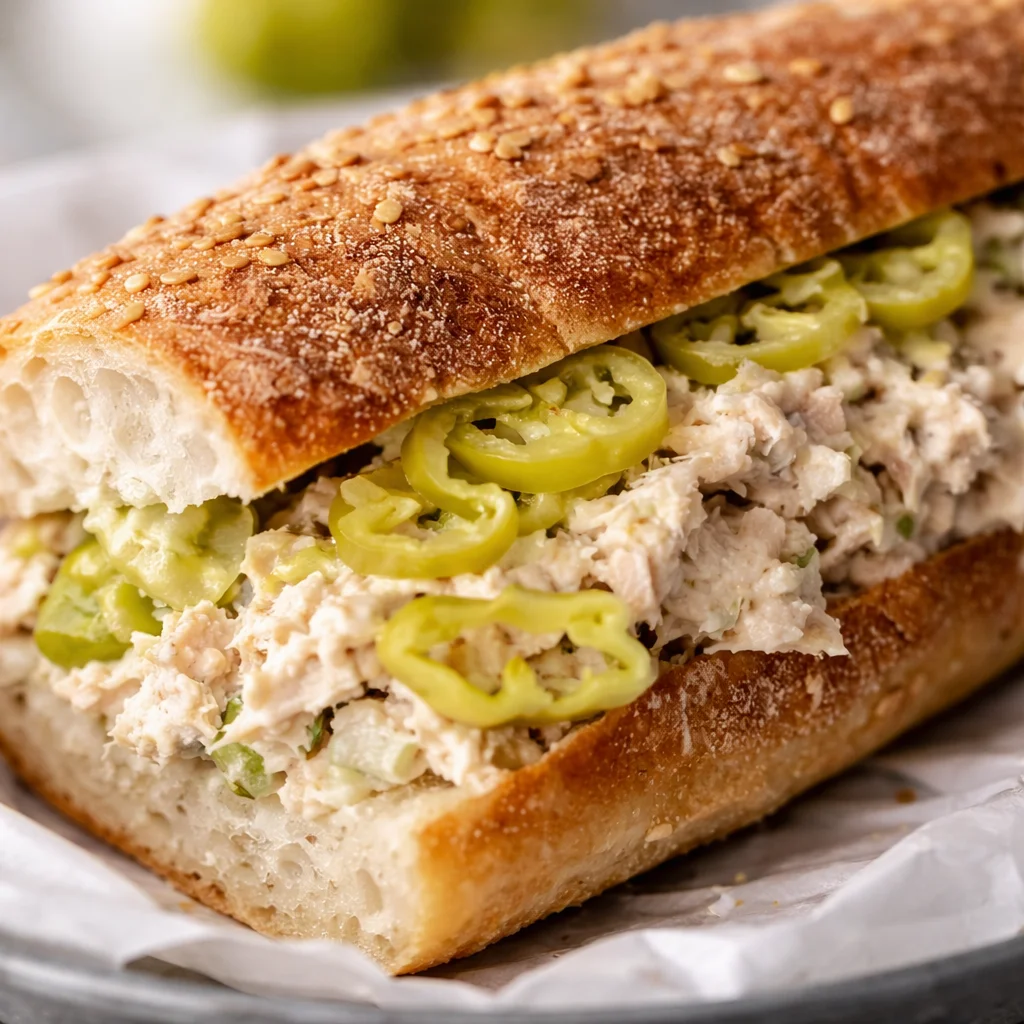 A delicious Lemony Tuna Salad Sandwich with fresh veggies and zesty lemon flavor.