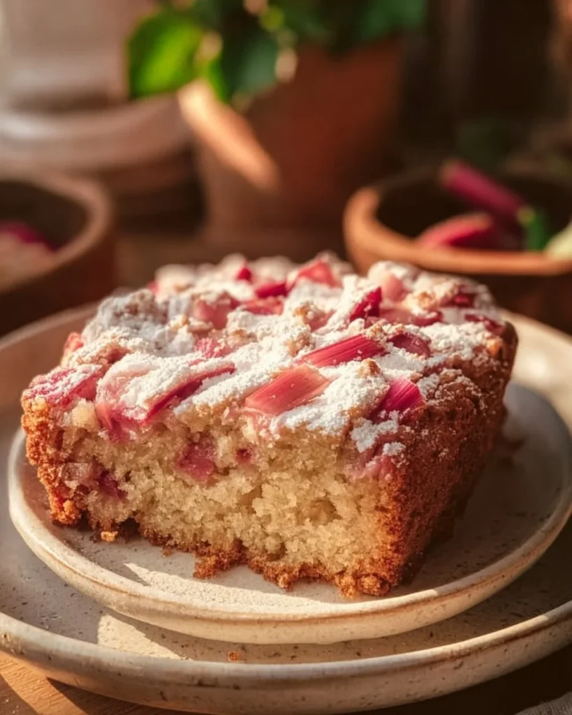 Delicious slice of homemade rhubarb cake with fresh rhubarb garnish