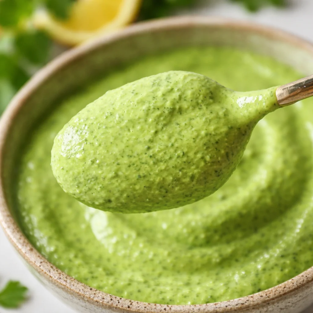 Delicious homemade Green Goddess Dressing made with avocado and fresh herbs