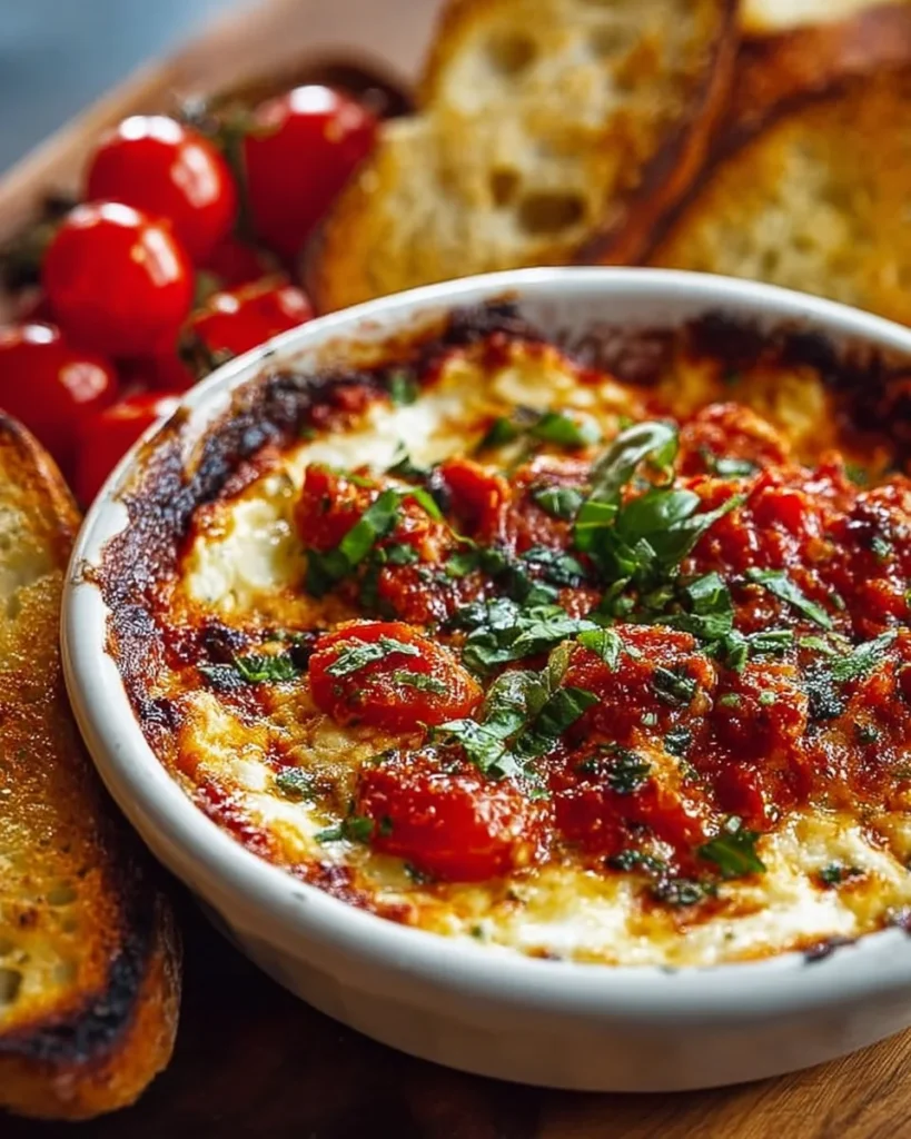 Three-Cheese Tomato Bruschetta Dip served with crispy bread
