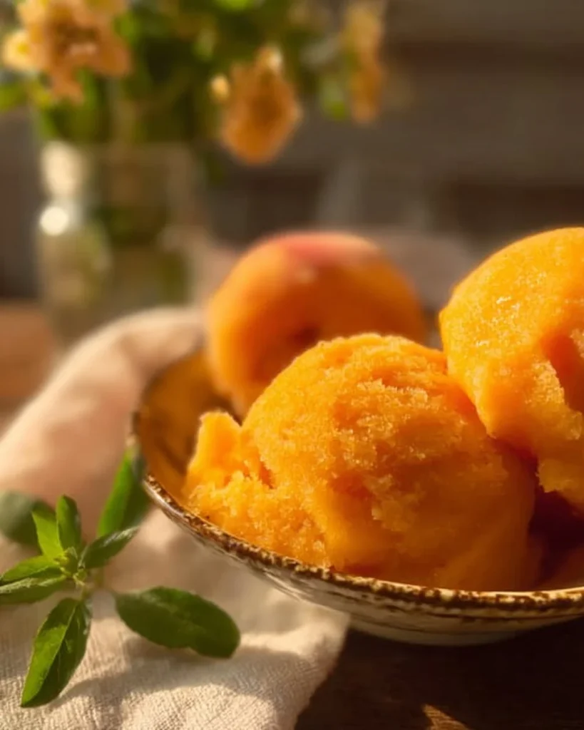 Three ingredient peach sorbet in a bowl with fresh peaches