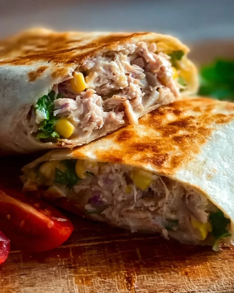 Tuna melt wrap with creamy tuna and melted cheese in a tortilla