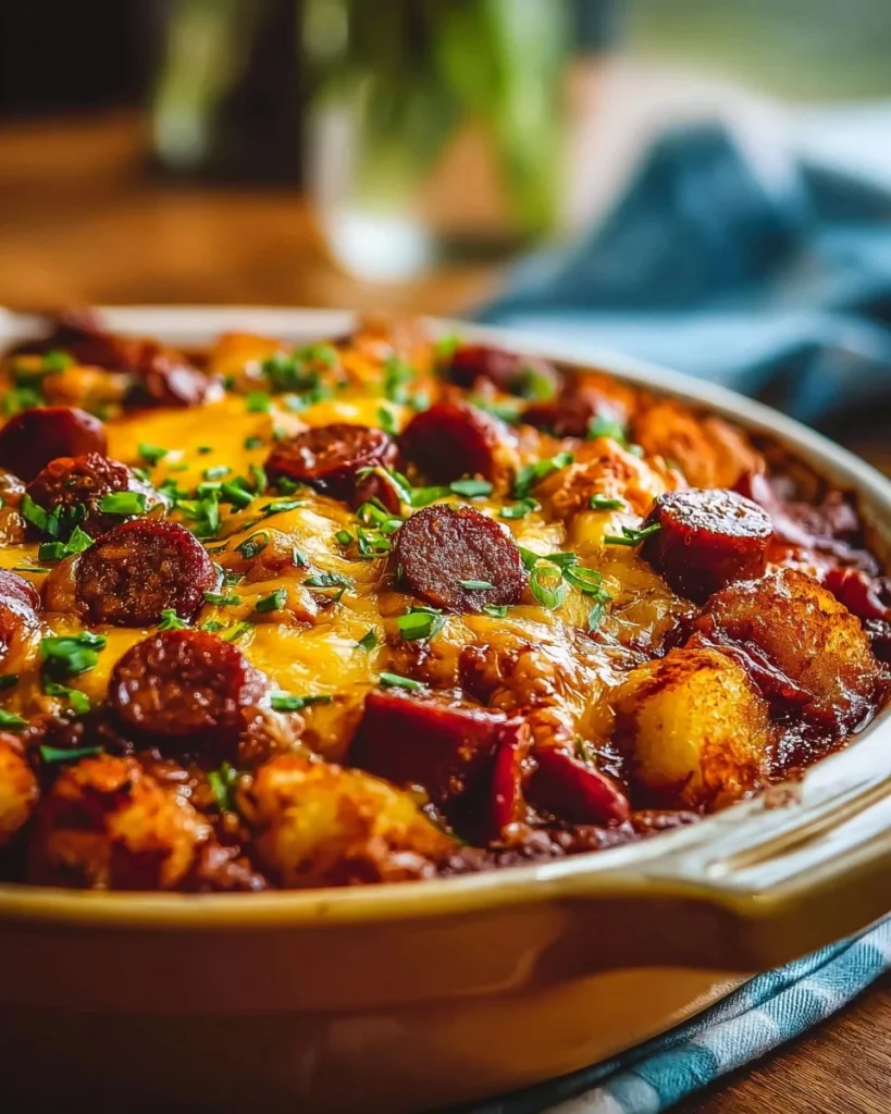 Ultimate Crockpot Chili Dog Casserole served in a dish with toppings.