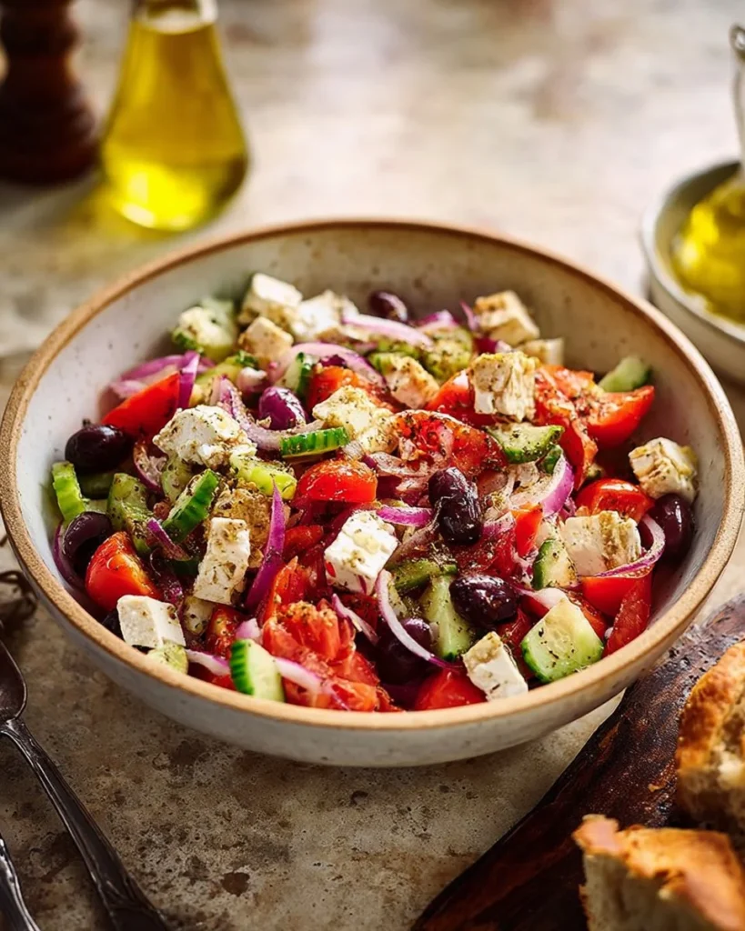 Vegan Greek Salad with fresh vegetables and olives in a bowl