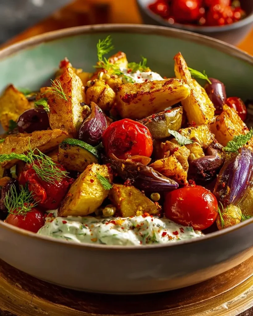 Vegan Mediterranean Bowl with roasted vegetables and fresh herbs