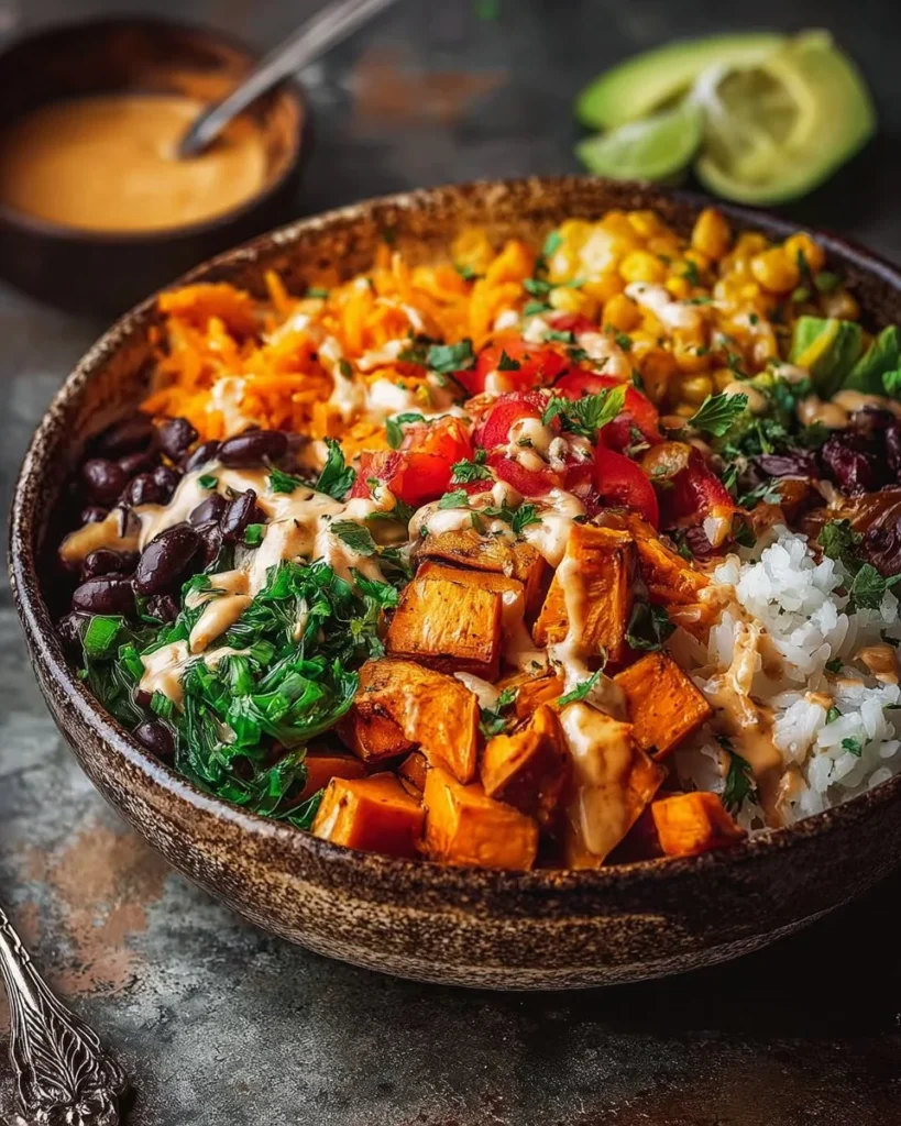 Vegan Sweet Potato Burrito Bowl with fresh vegetables and spices