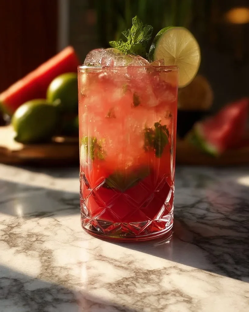 Refreshing watermelon mint mojito mocktail in a glass with mint leaves