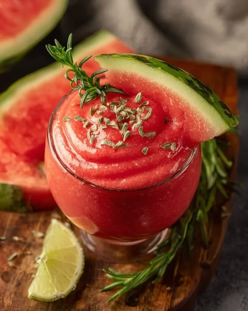Delicious watermelon smoothie served in a glass with fresh fruit slices
