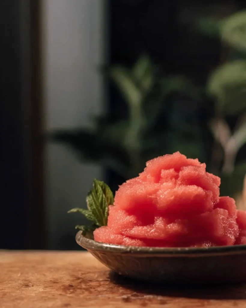 Bowl of homemade Watermelon Sorbet garnished with mint leaves