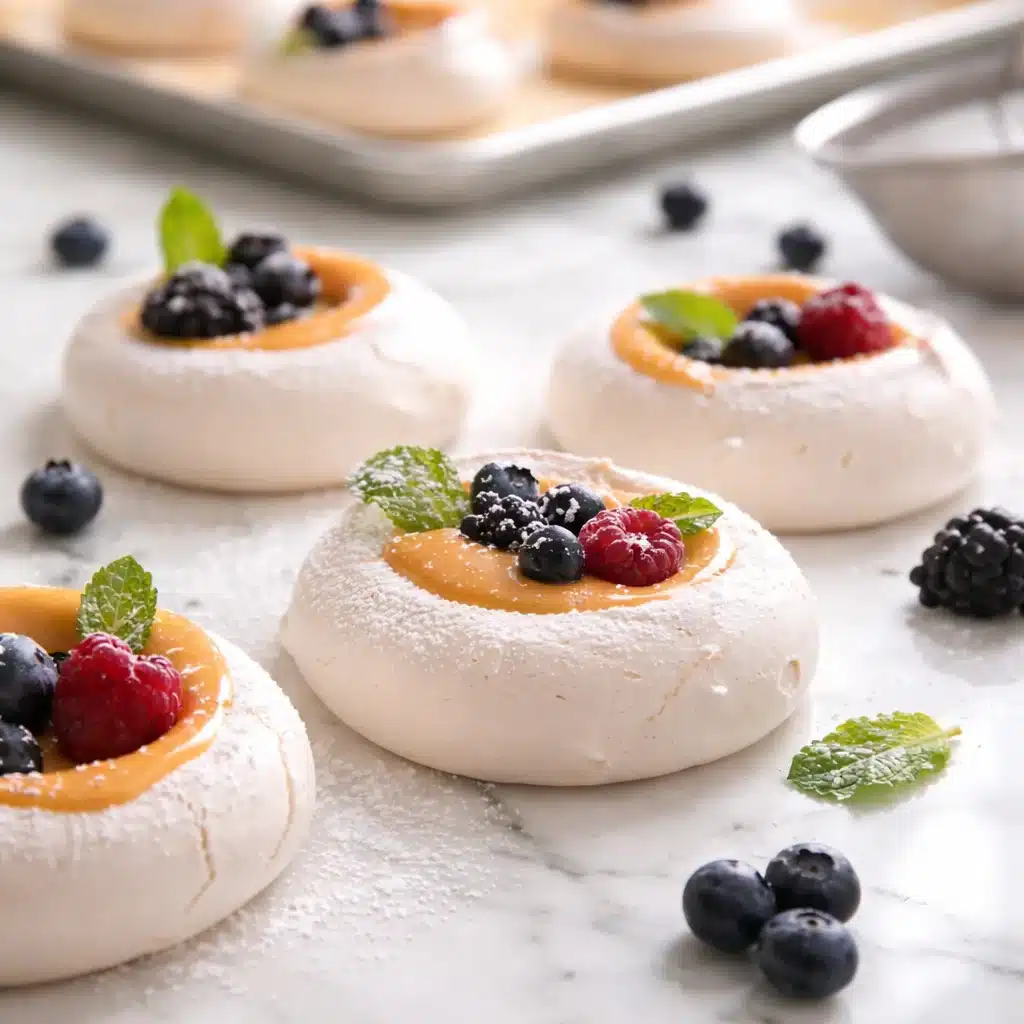 Mini Meringues with Lemon Curd topped with whipped cream and berries