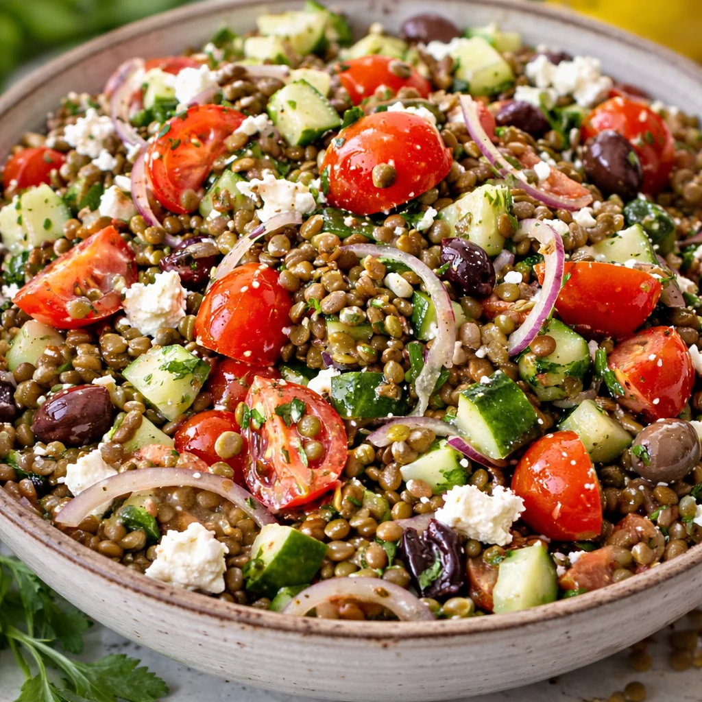 A vibrant Lentil Salad with cucumbers, bell peppers, feta cheese, and lemon dressing.
