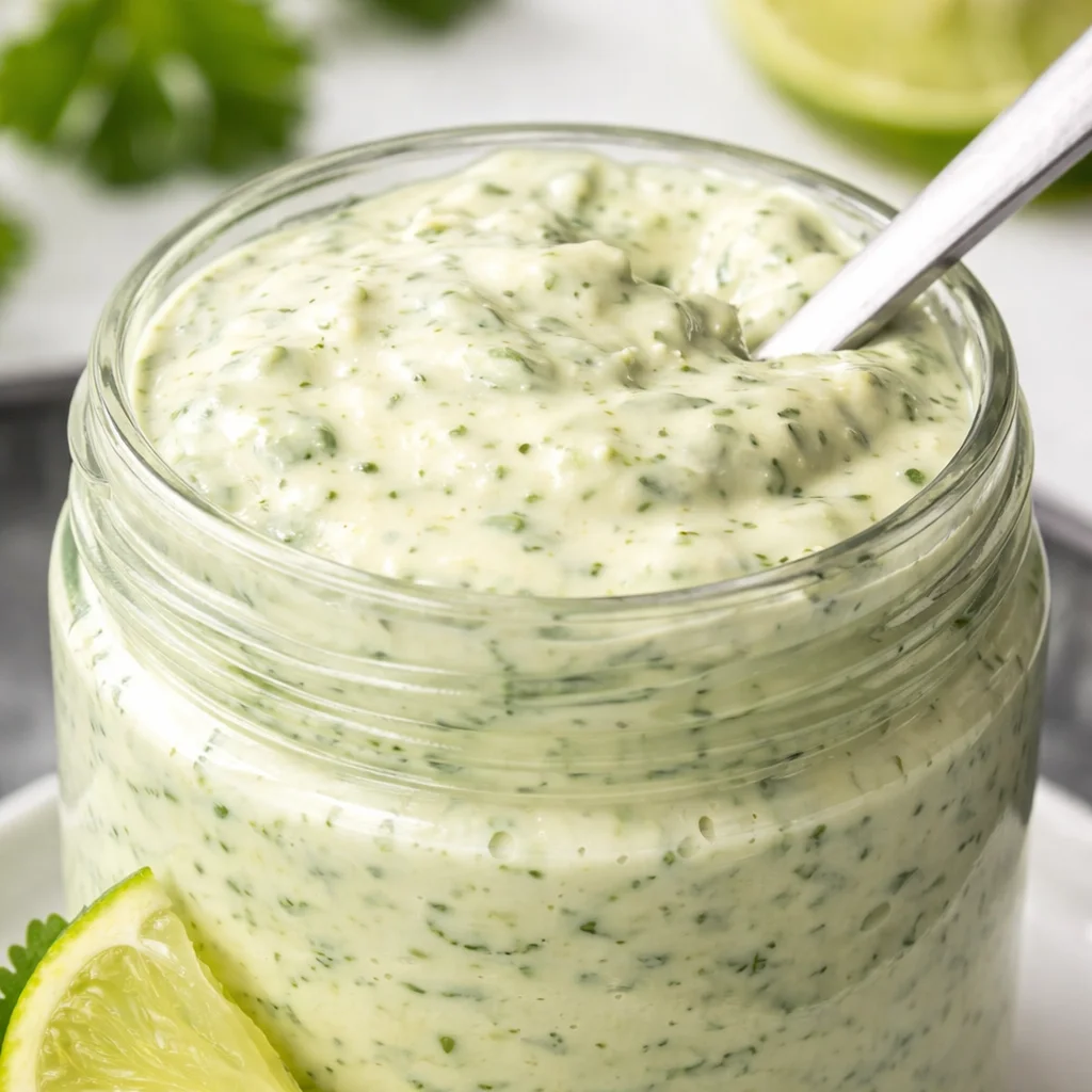 Easy Creamy Cilantro Garlic Sauce with Jalapeños and Limes served in a bowl.