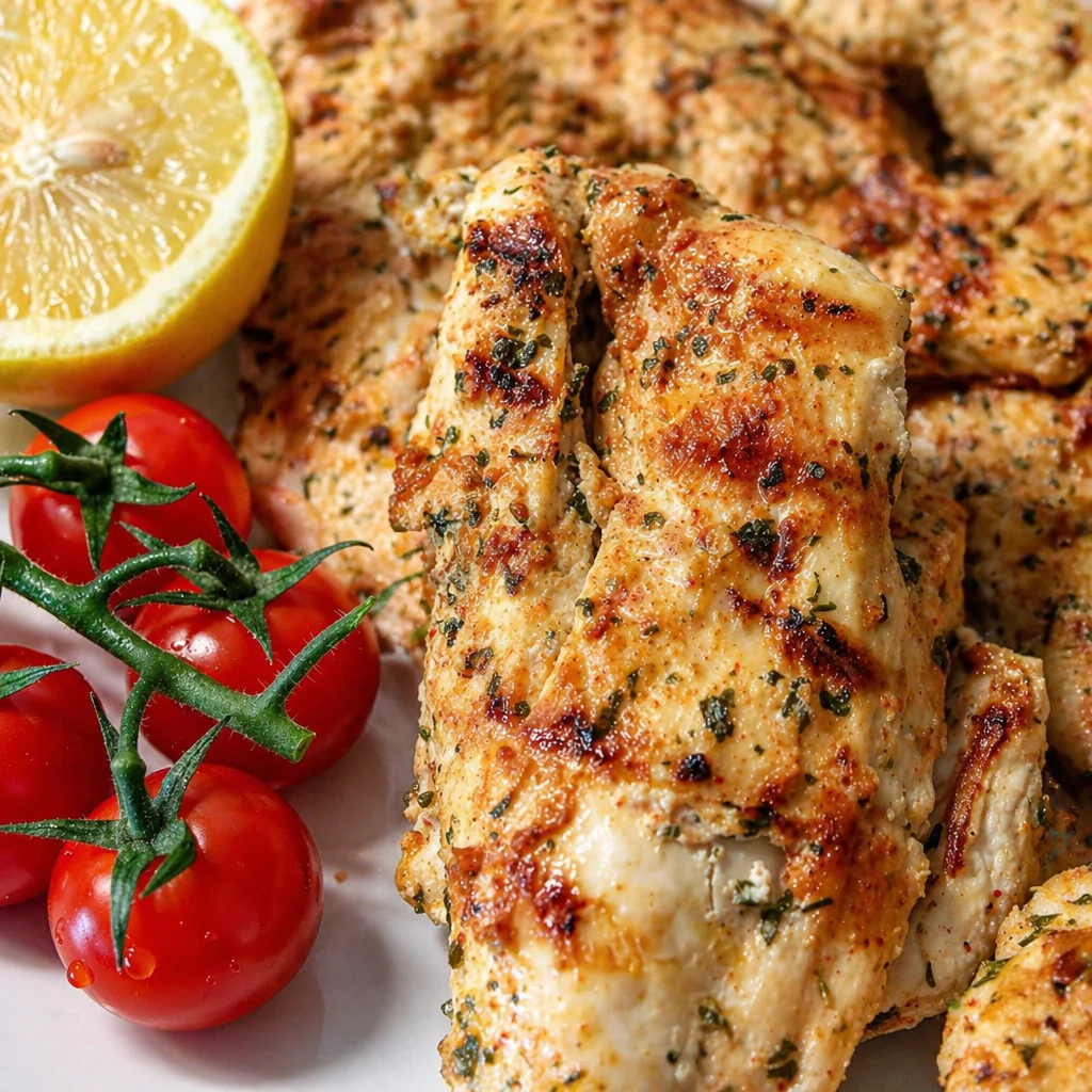 Juicy Greek Chicken marinated in olive oil, lemon, and herbs served on a plate.