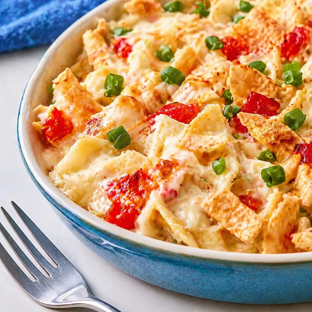 Delicious Crab Rangoon Casserole topped with crispy wonton chips.