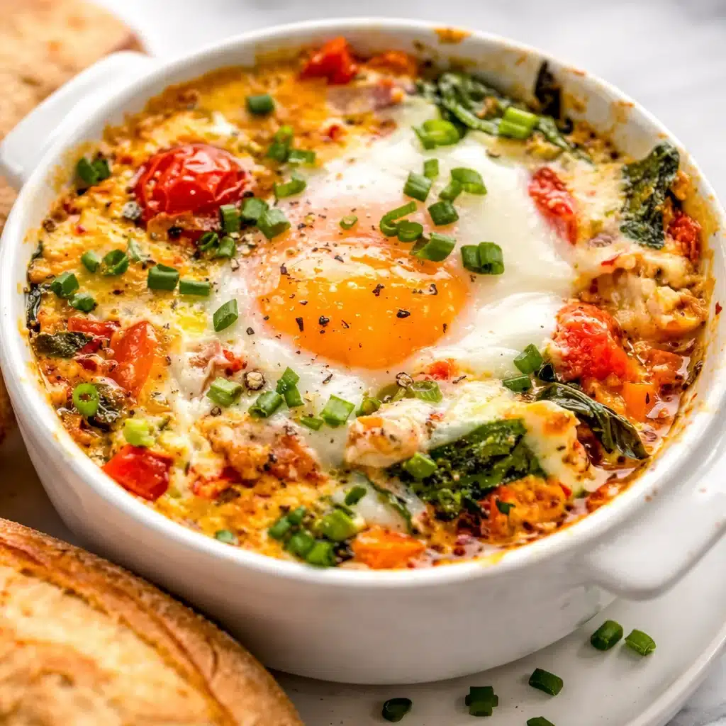Mediterranean Baked Feta Eggs with tomatoes and herbs for a hearty breakfast.