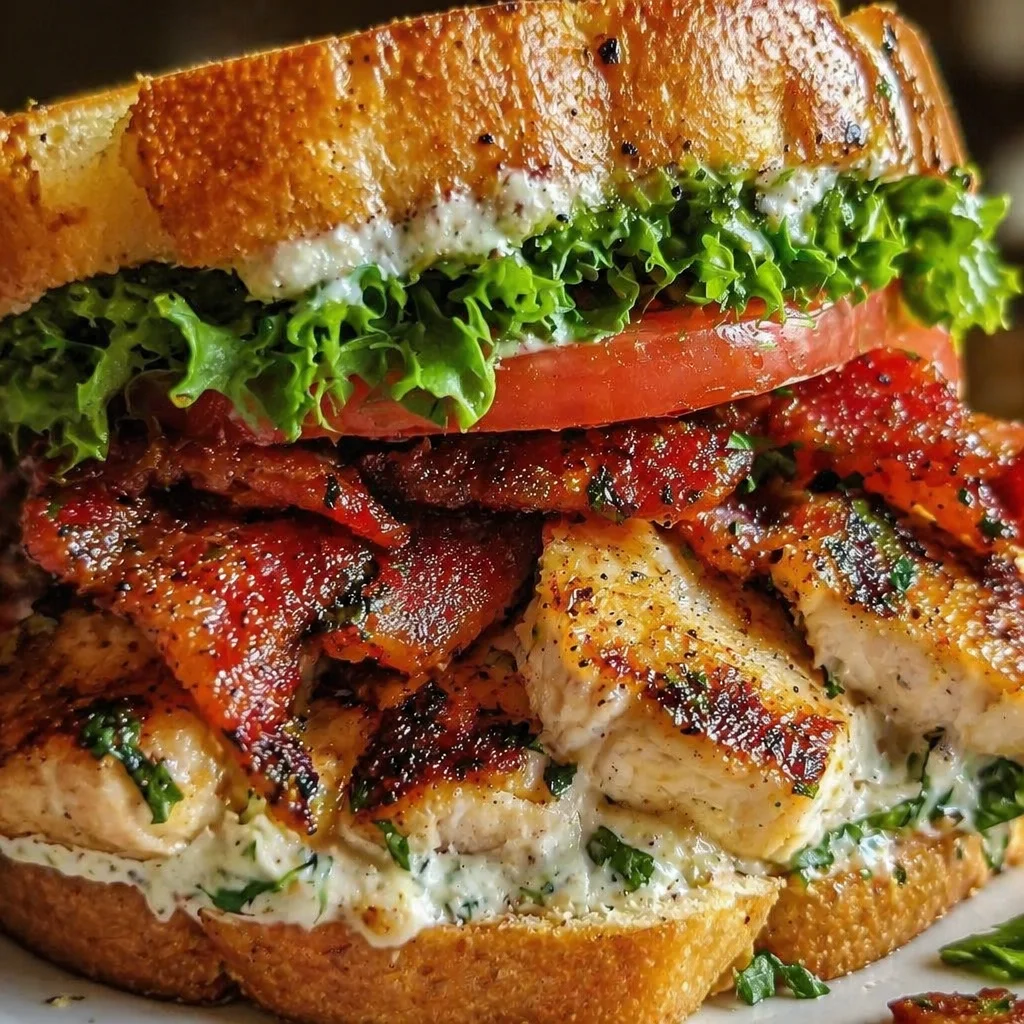 Delicious Chicken Club Sandwich with crispy bacon, lettuce, and tomato on toasted bread.