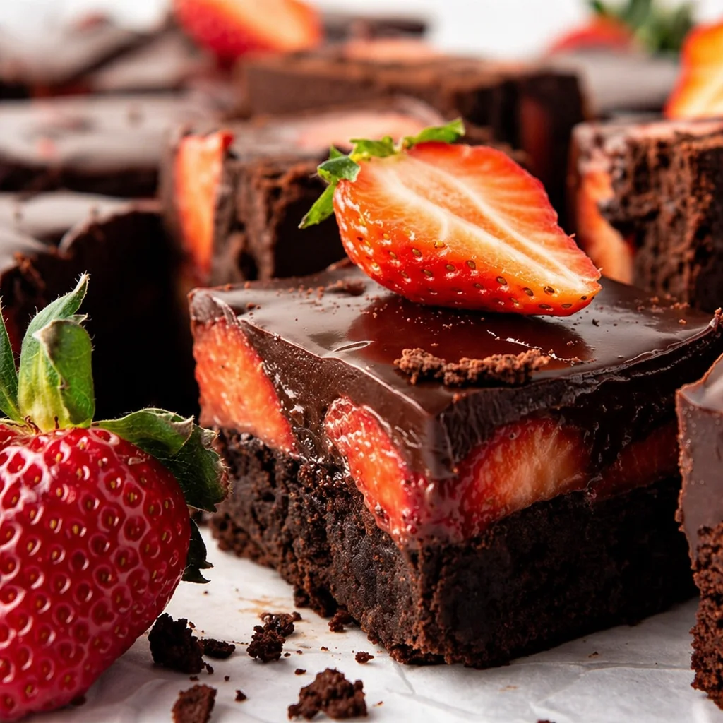 Chocolate Covered Strawberry Brownies topped with fresh strawberries and chocolate ganache.