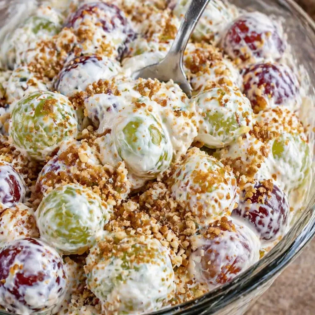 A delicious Easy Grape Salad with fresh grapes, creamy dressing, and crunchy pecans.