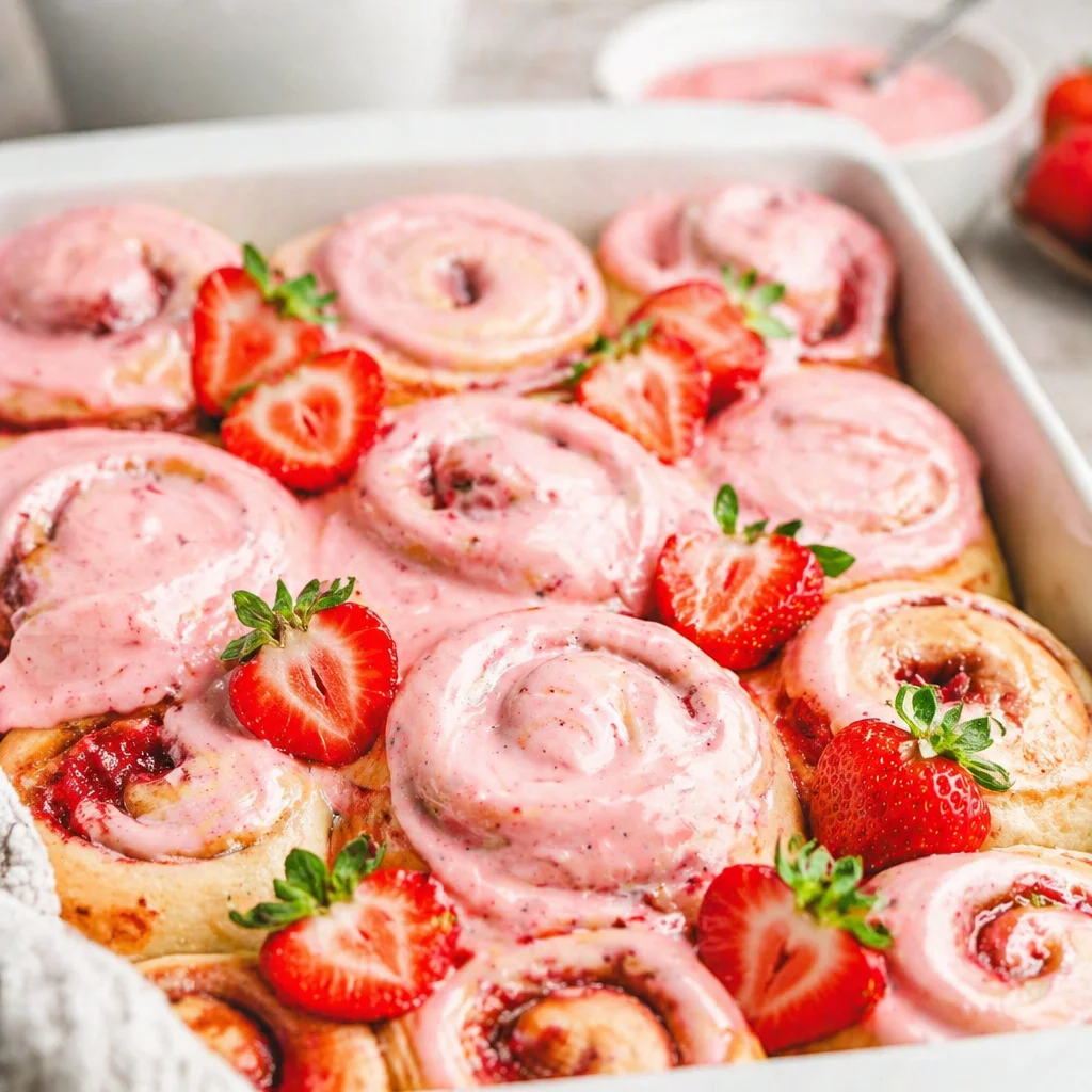 Delicious Strawberry Cinnamon Rolls with Cream Cheese Icing and fresh strawberries