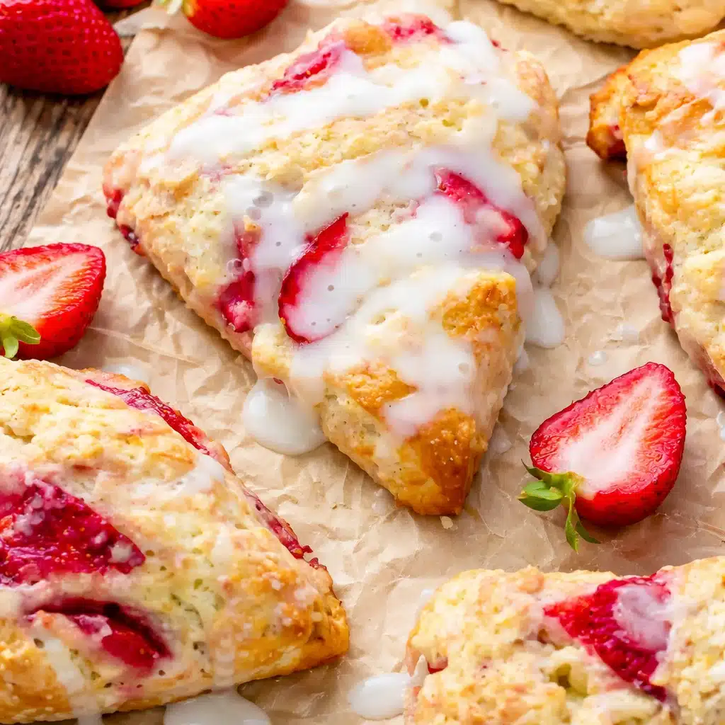Freshly baked strawberries and cream scones topped with sweet glaze