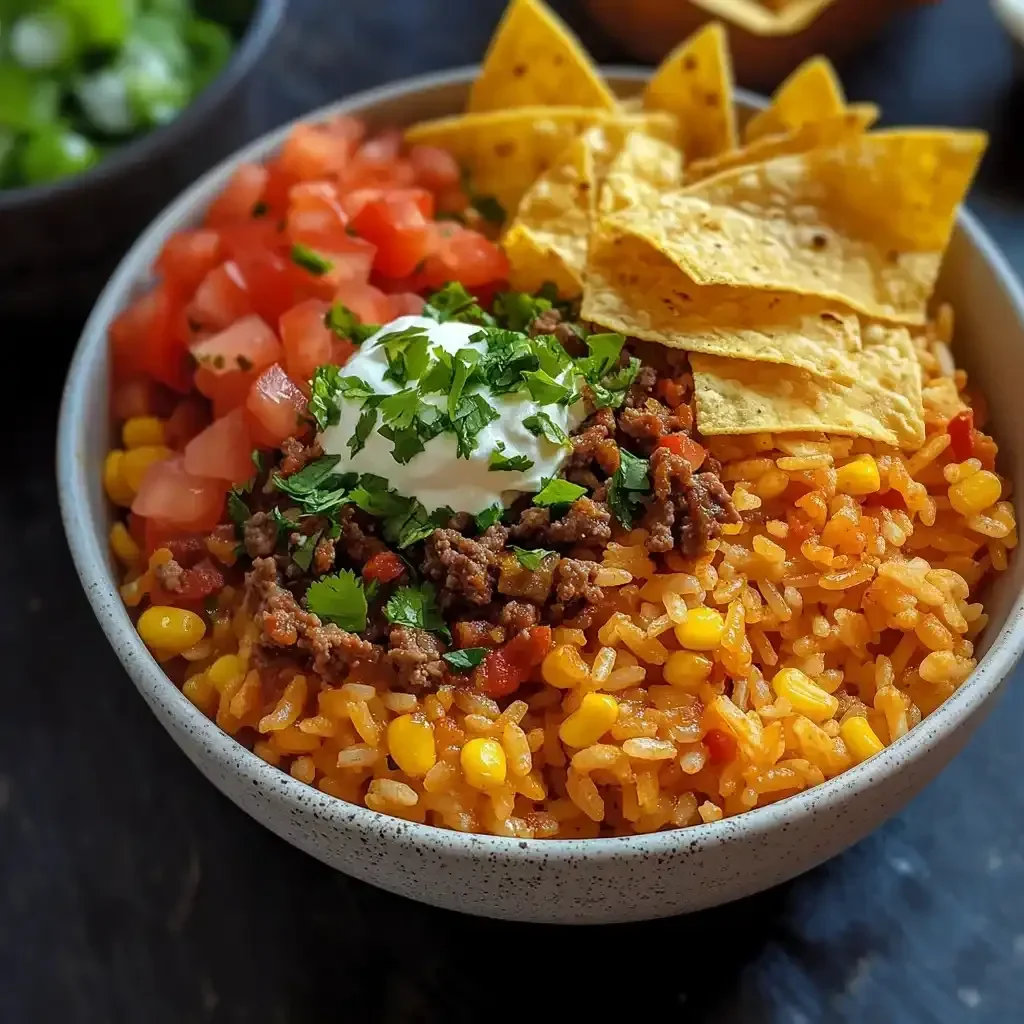 Delicious Taco Rice Bowl with Doritos, featuring seasoned ground beef and fresh toppings.