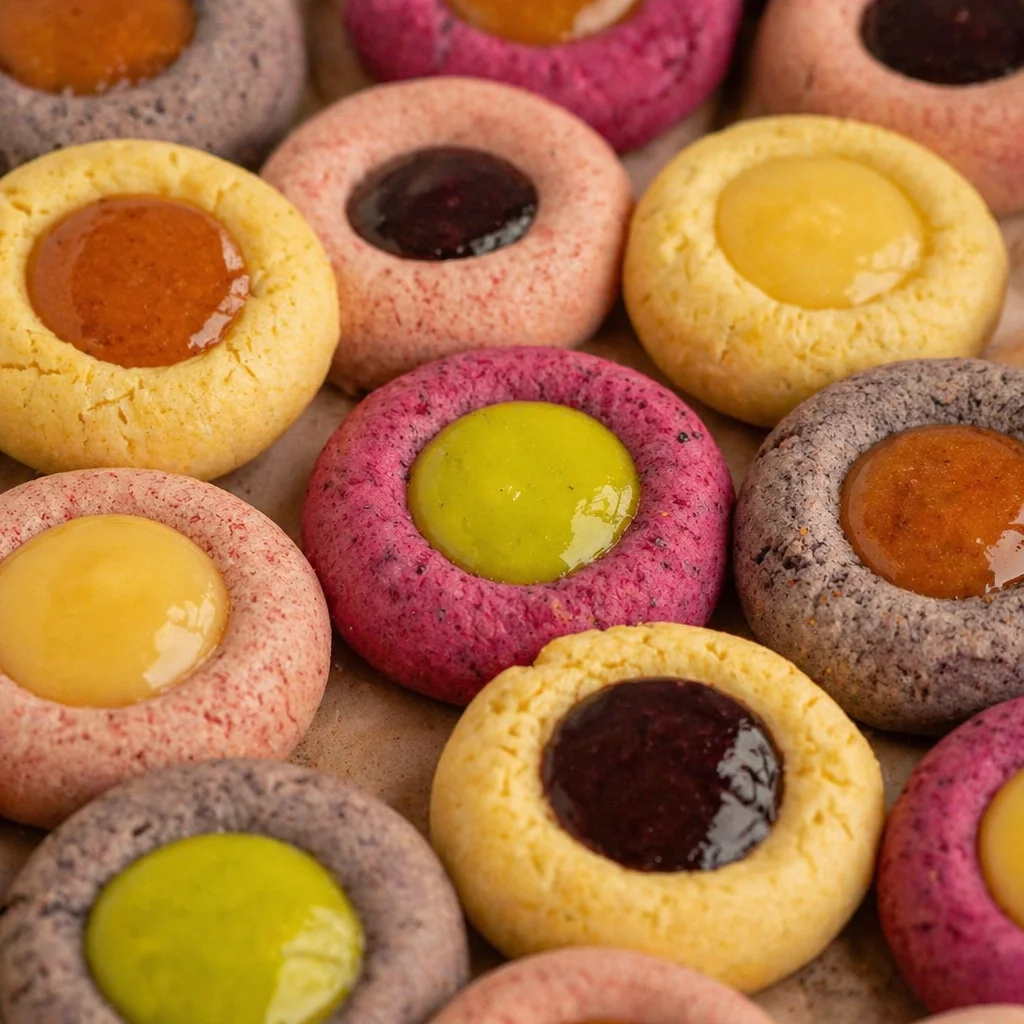 Fruit Filled Thumbprint Cookies with assorted jam fillings on a baking tray.