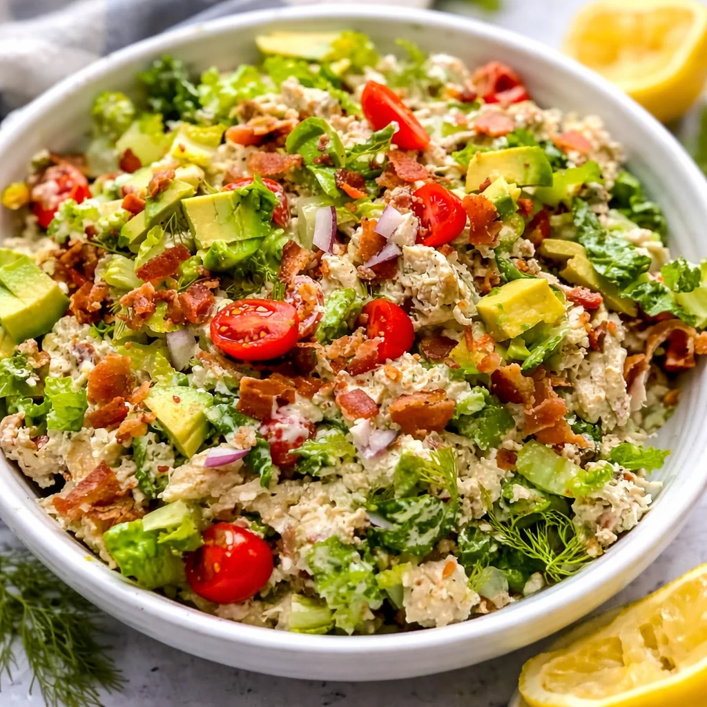 Delicious BLT Chicken Salad with crispy bacon, juicy tomatoes and creamy dressing