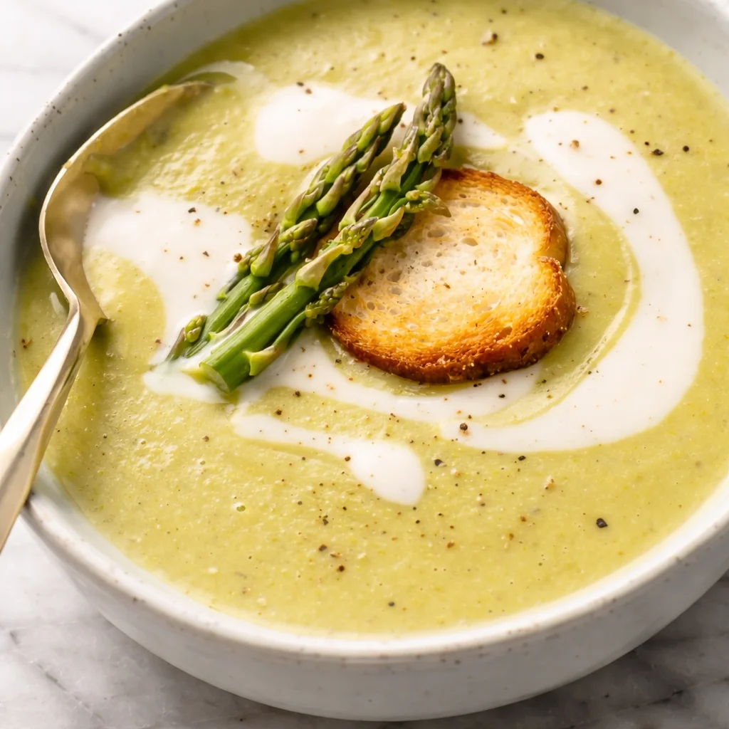 Delicious bowl of simple asparagus soup with a sprinkle of Parmesan cheese.