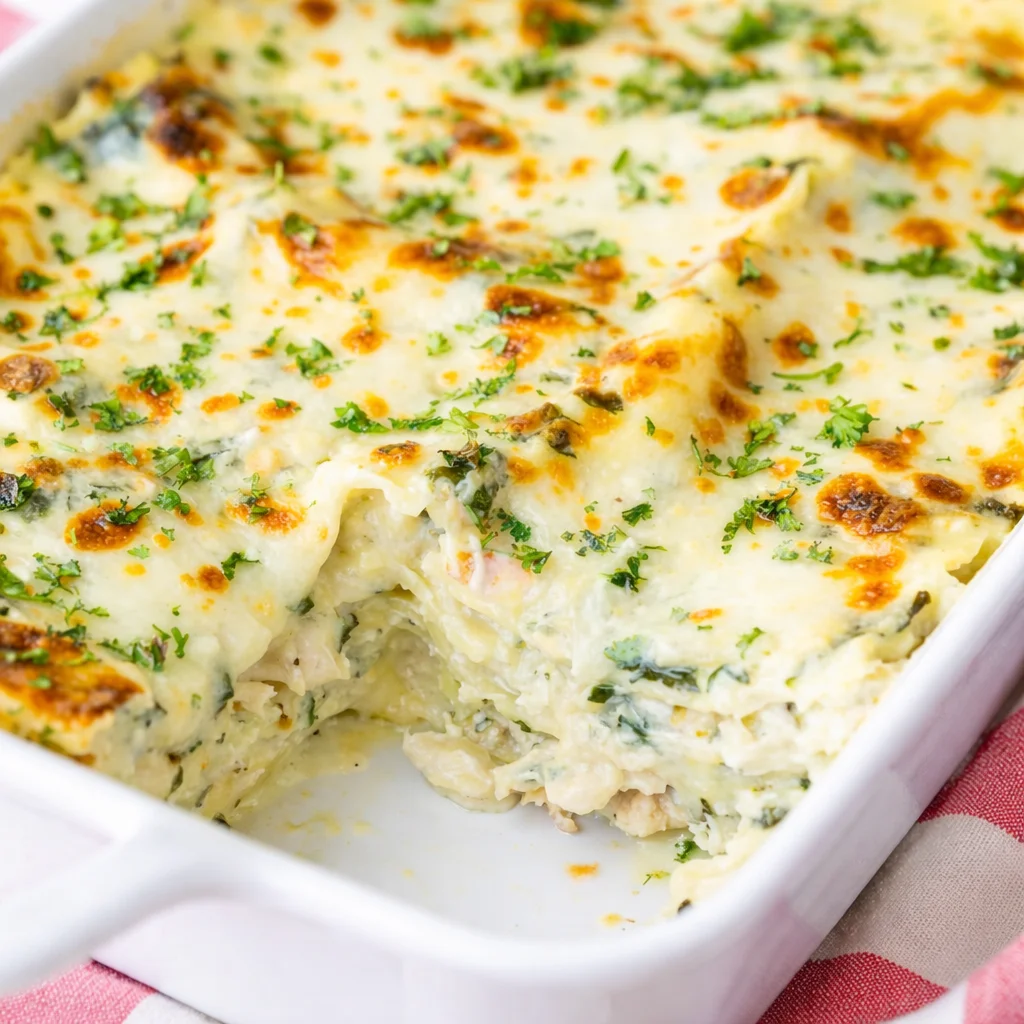 Delicious White Chicken Lasagna with creamy sauce and spinach served on a plate.