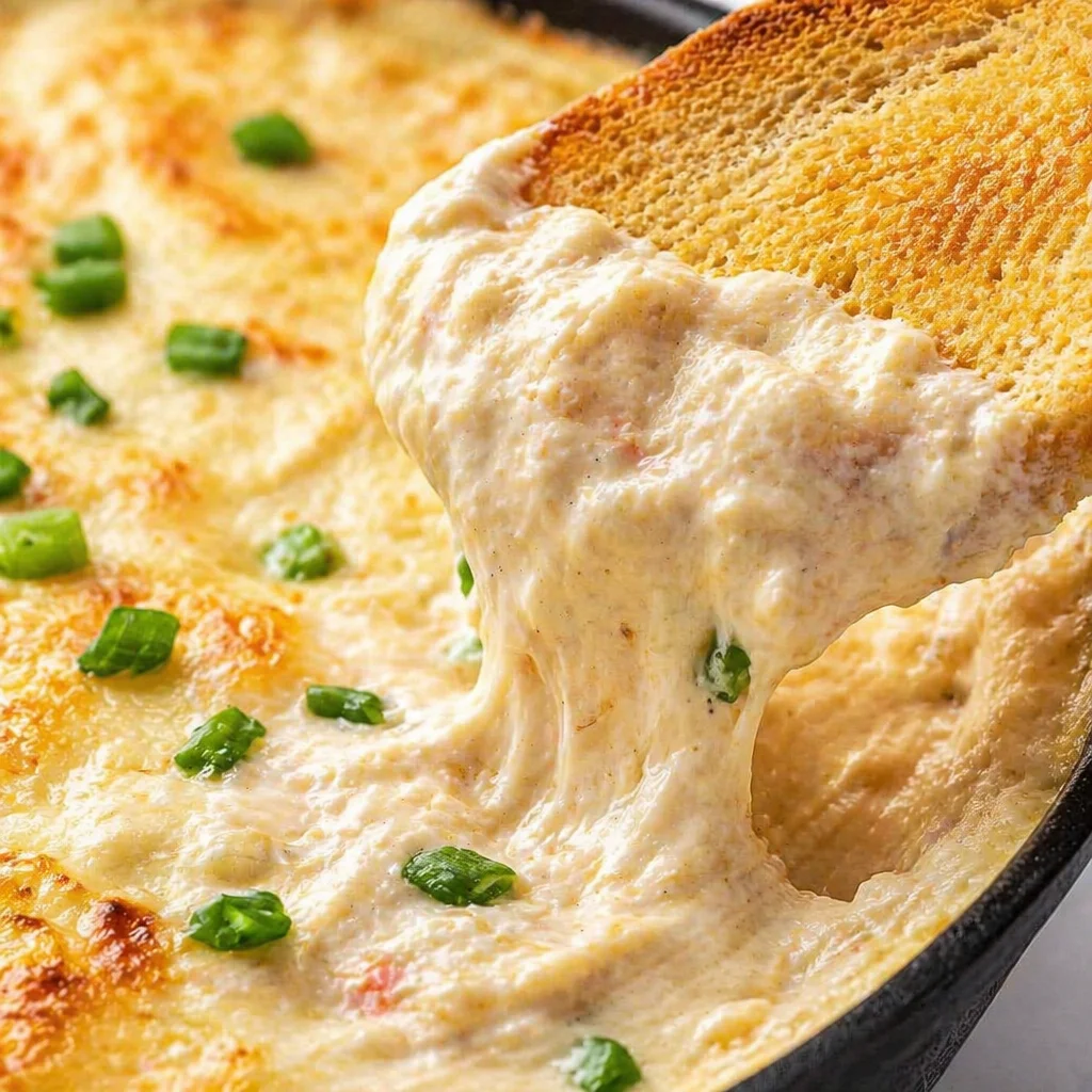 Hot Crab Rangoon Dip with cream cheese, crab, and green onions, served with crispy wonton chips.