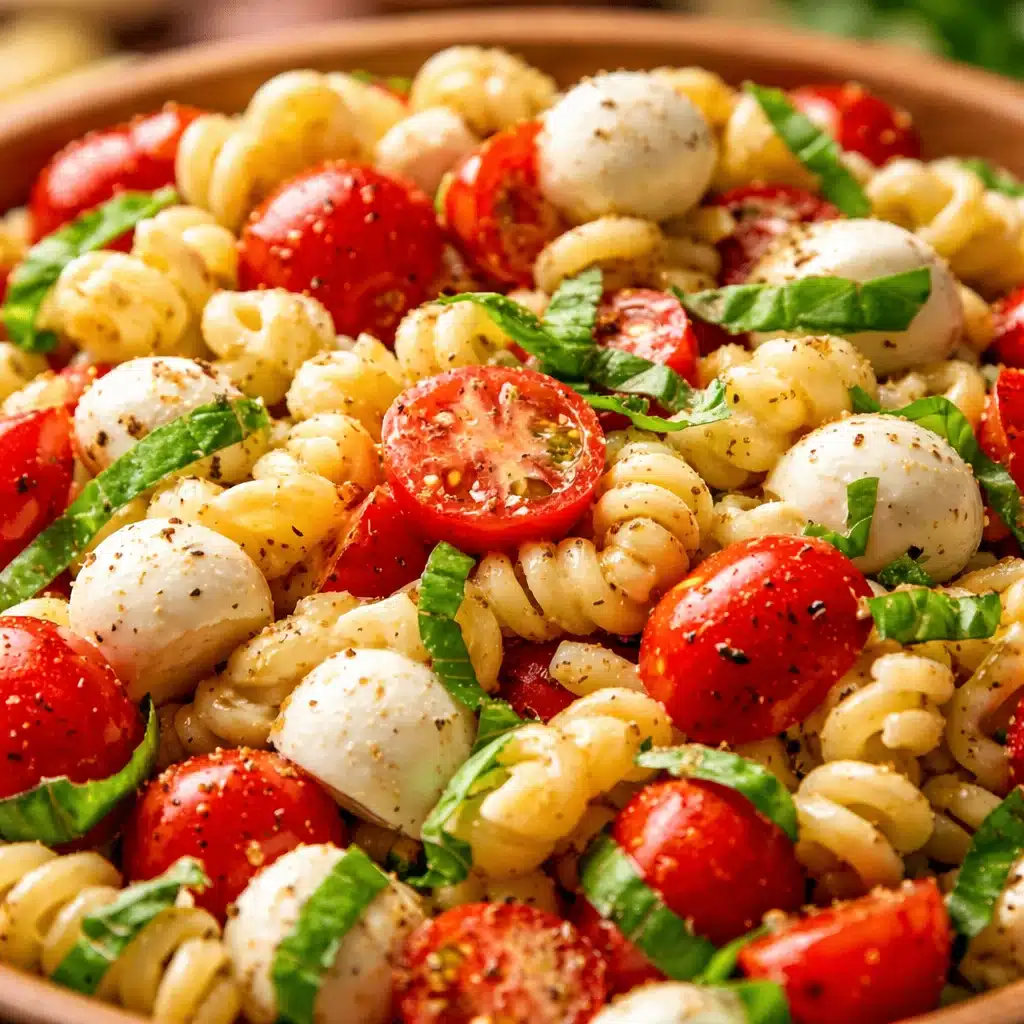 Fresh Caprese pasta salad with cherry tomatoes, mozzarella, and basil in a bowl.