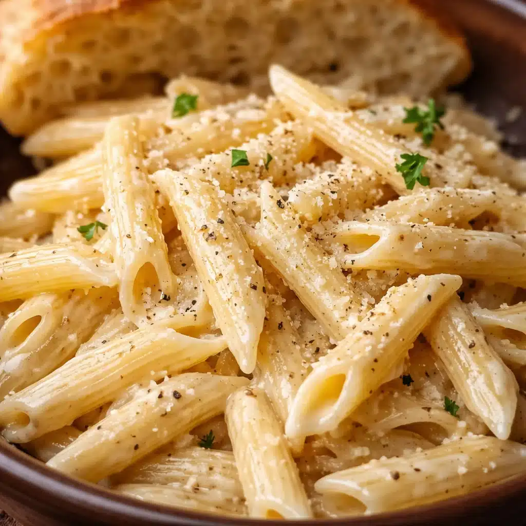 Delicious creamy garlic penne pasta topped with parsley and parmesan cheese.
