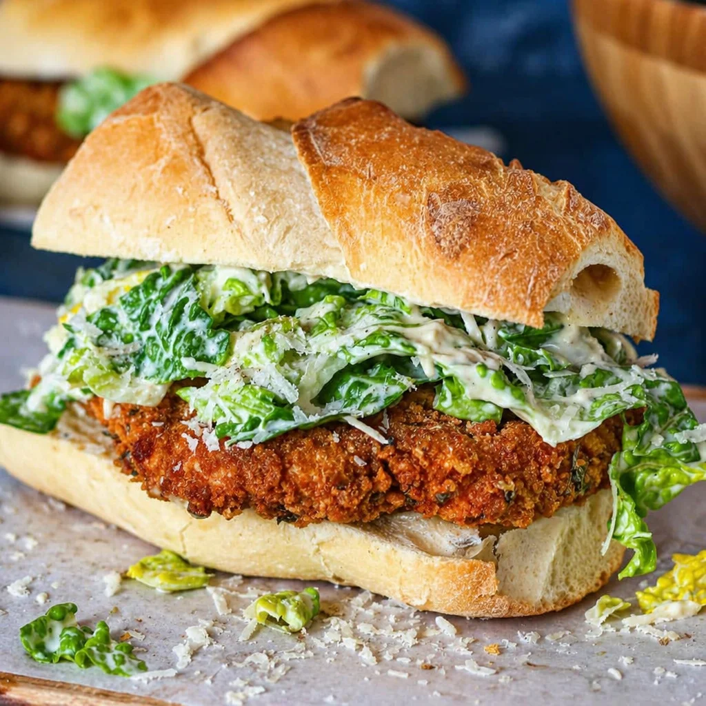 Crispy Chicken Caesar Sandwich with golden chicken, Caesar dressing, and garlic butter bread.