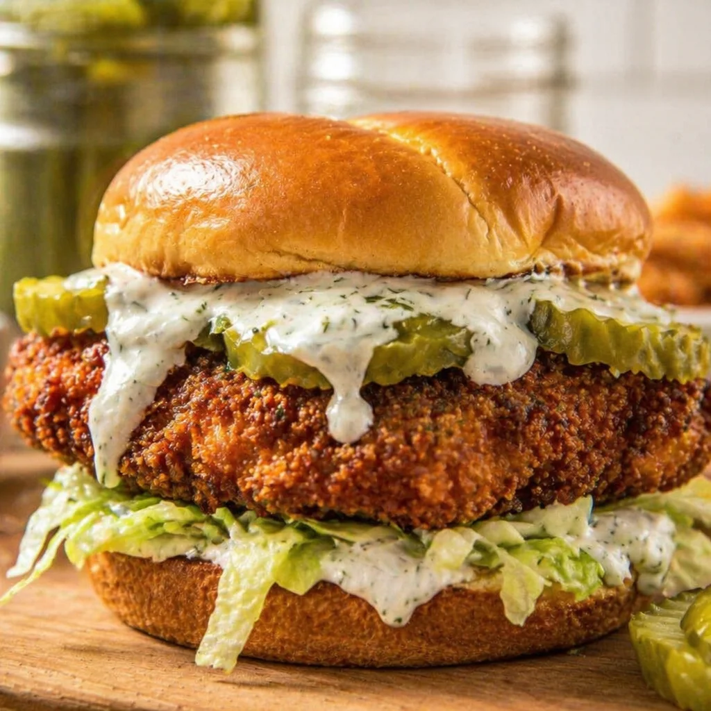 Delicious Crispy Dill Chicken Sandwich with lettuce and dill pickles
