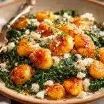 Creamy gnocchi with spinach and feta served in a bowl, garnished with herbs.