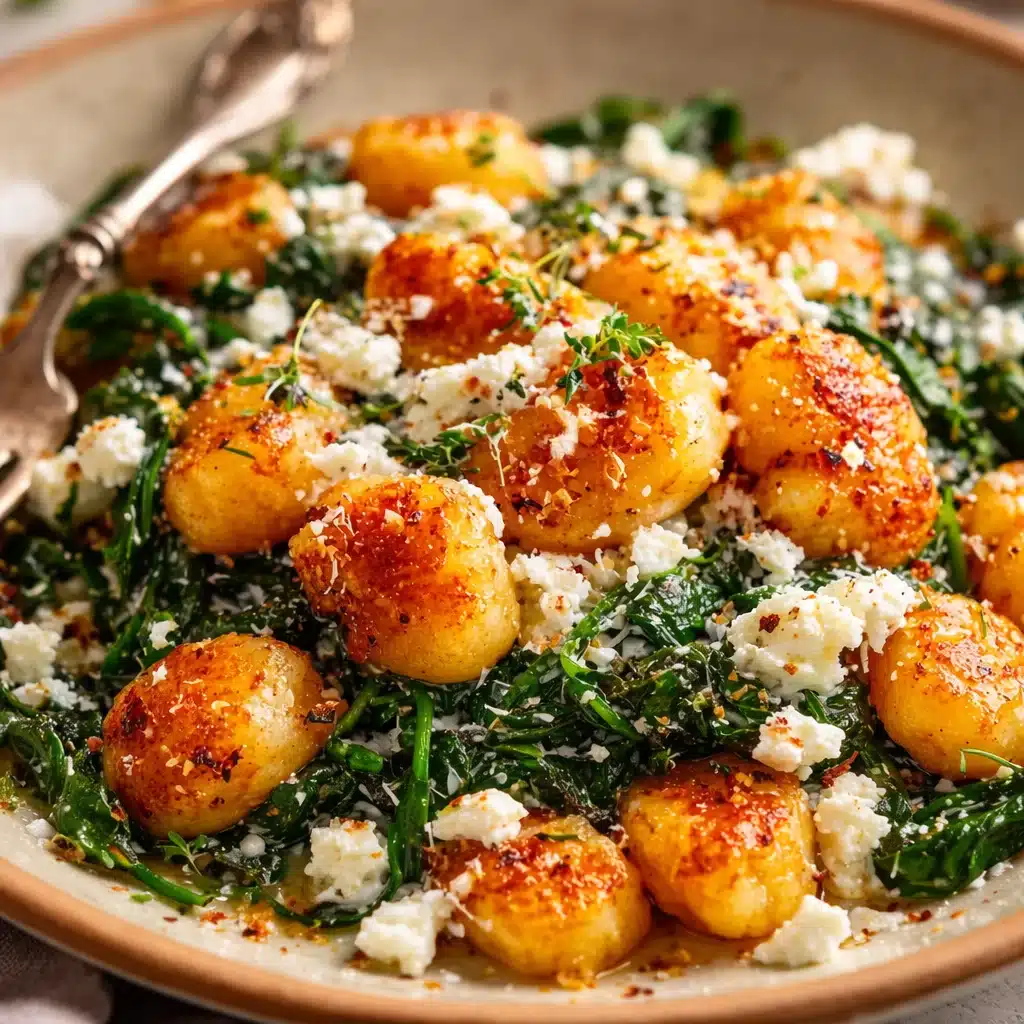 Creamy gnocchi with spinach and feta served in a bowl, garnished with herbs.