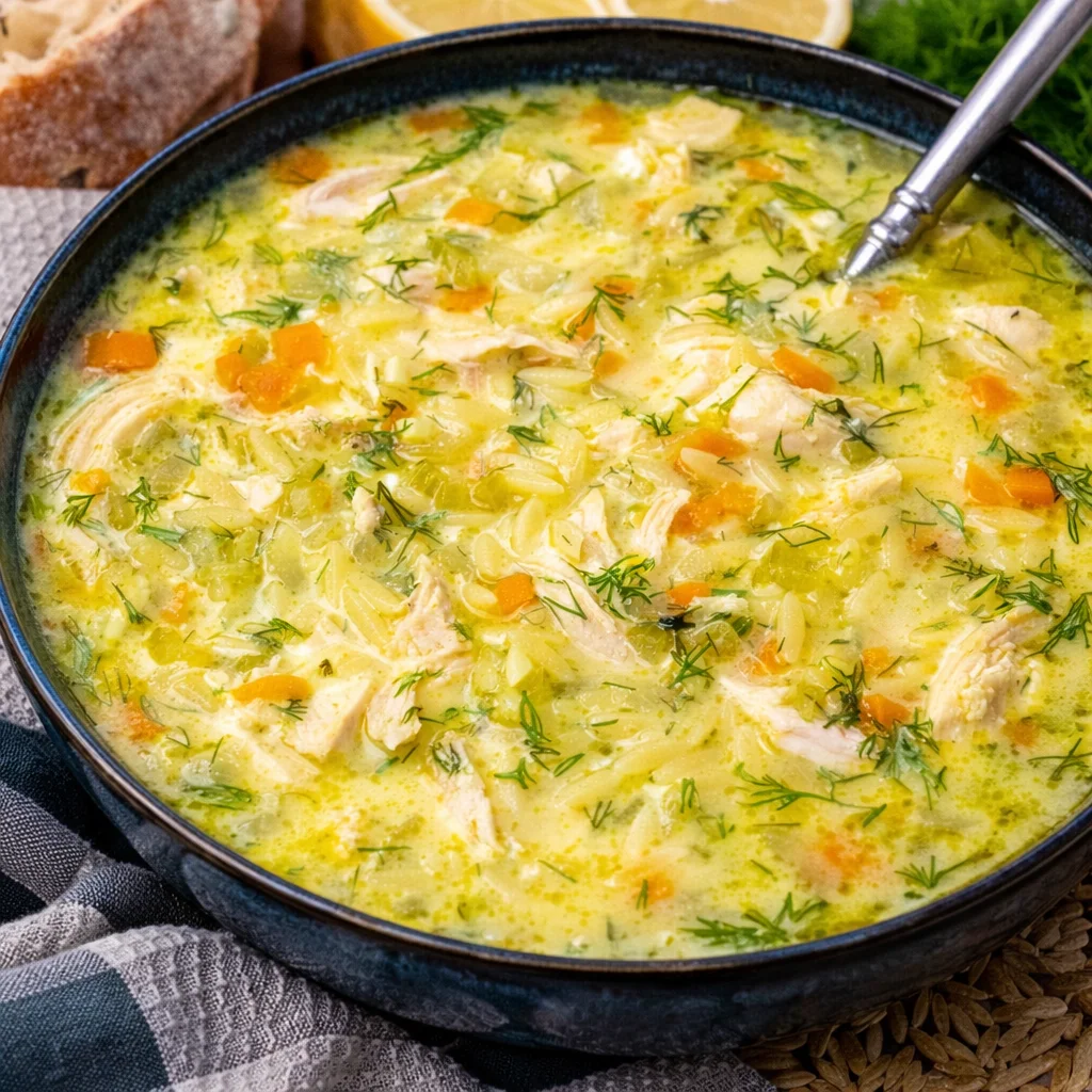 A bowl of Greek Lemon Chicken Soup topped with fresh herbs and lemon slices.