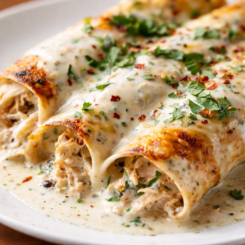Delicious high protein chicken enchiladas with creamy white sauce and healthy ingredients.