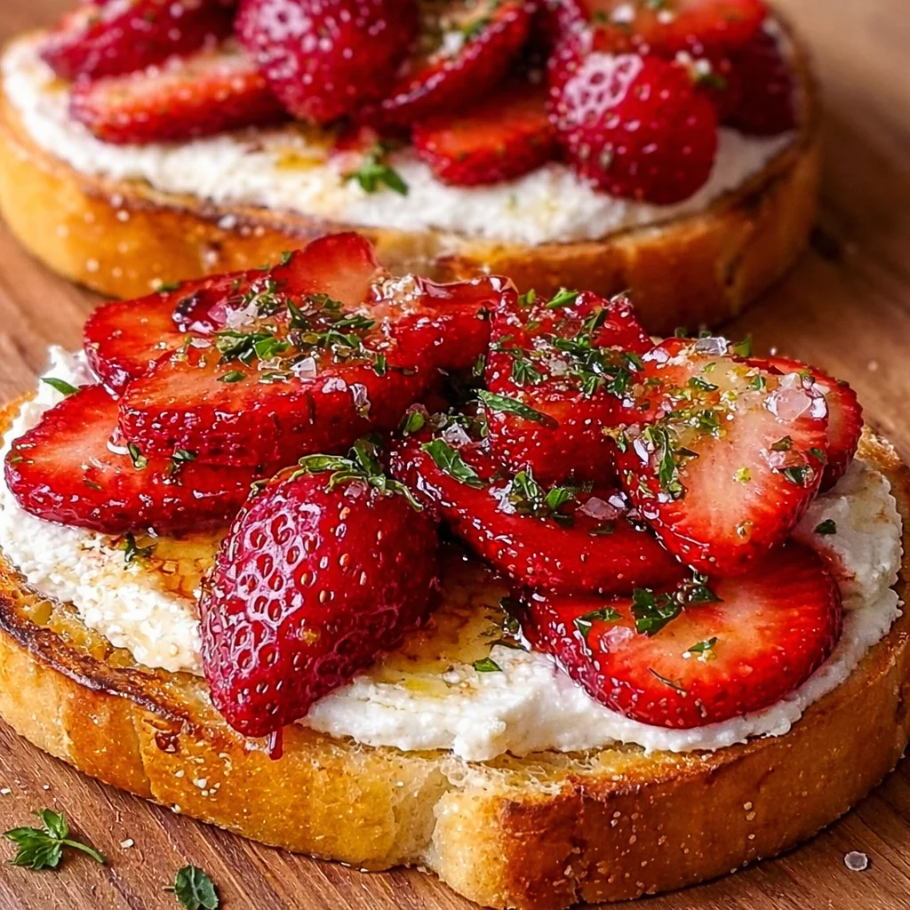 Delicious Roasted Strawberry Whipped Ricotta Toast with honey and thyme.