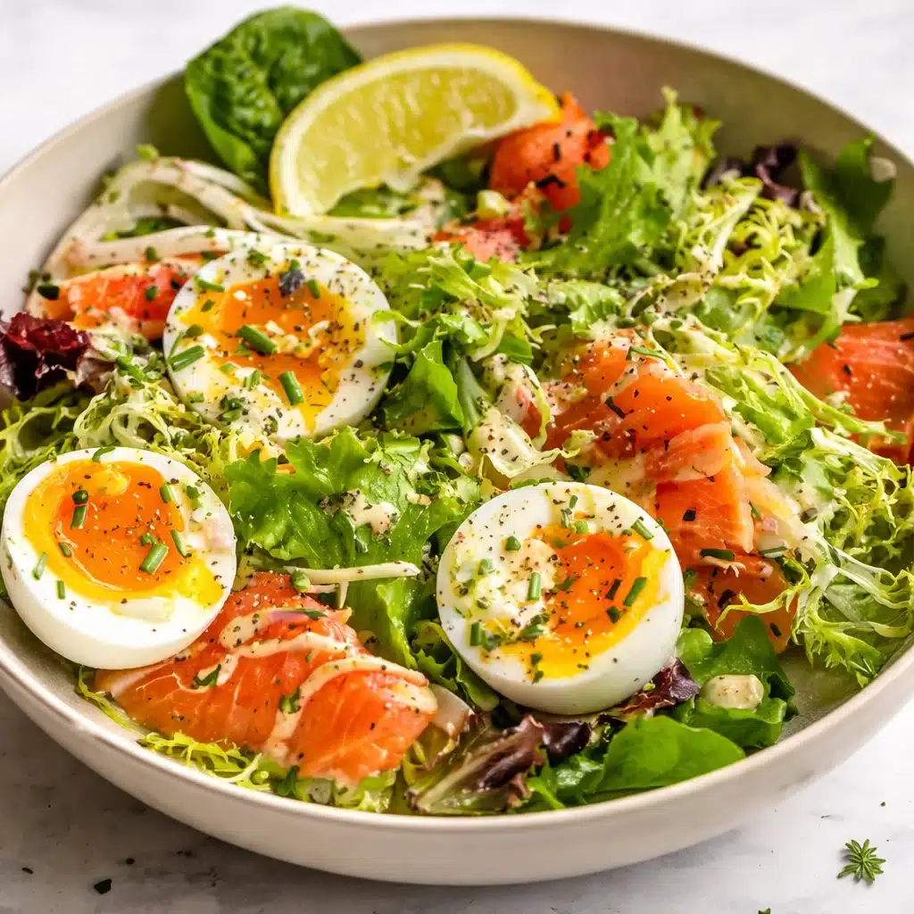 Delicious Smoked Salmon Salad in Creamy Caper Chive Dressing served with greens and eggs.