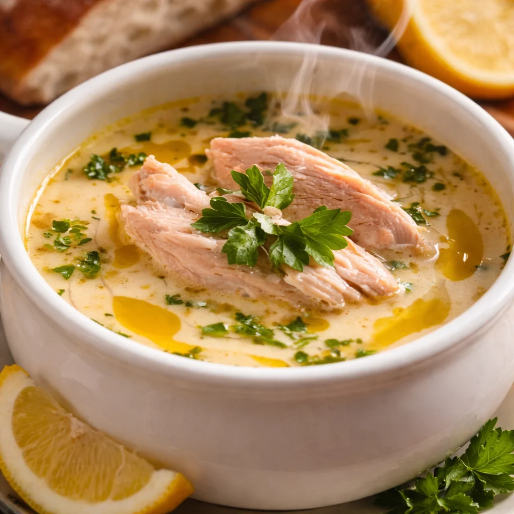 A comforting bowl of Avgolemono Greek Lemon Chicken Soup with lemon and herbs.