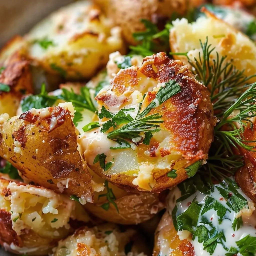 Crispy smashed potato salad with creamy dressing, fresh herbs, and crunchy veggies.