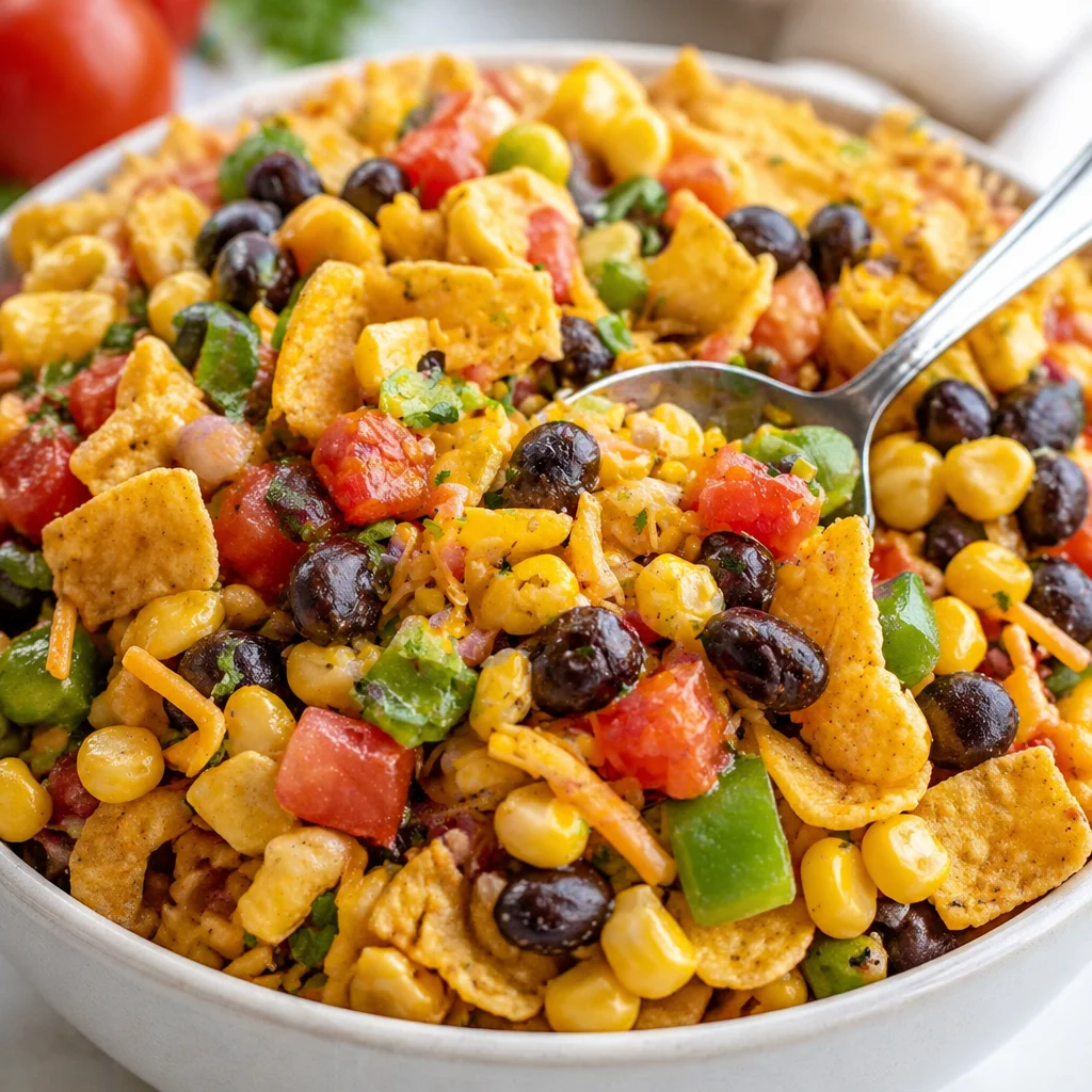 Delicious Frito Corn Salad with corn, peppers, cheese, and crushed Fritos in a creamy dressing.
