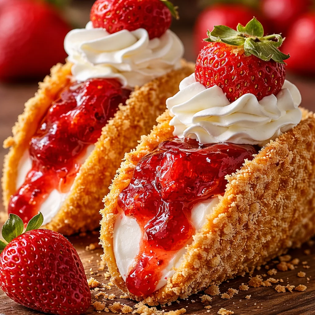Delicious Strawberry Crunch Cheesecake Tacos with creamy filling and crunchy shells.