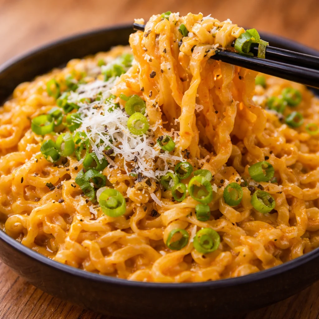 Buldak carbonara ramen noodles with creamy sauce and spicy flavor.
