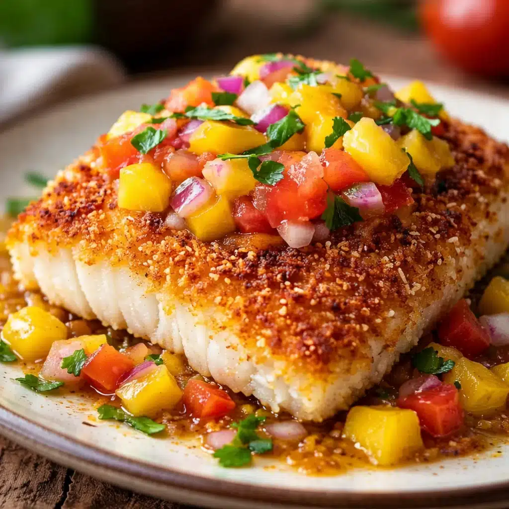 Delicious Coconut Mango Fish dish plated with vibrant mango salsa and herbs.